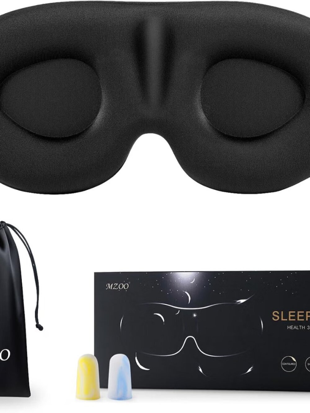 MZOO Luxury 3D Contoured Sleep Mask, Black, Adjustable, Memory Foam Side Sleeper